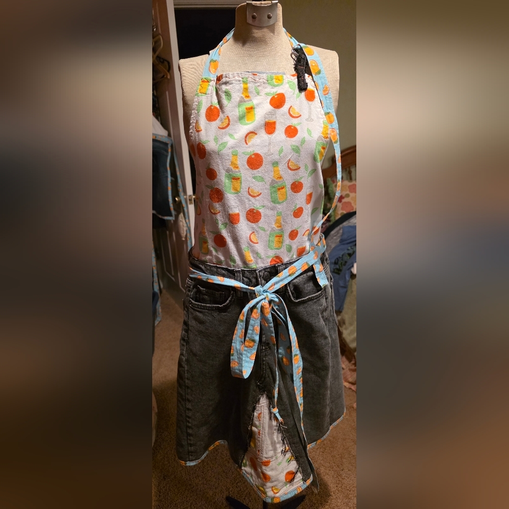 HAND CRAFTED Apon UPCYCLED  Oranges & Mimosa Tea Towel Black Denim Jeans
